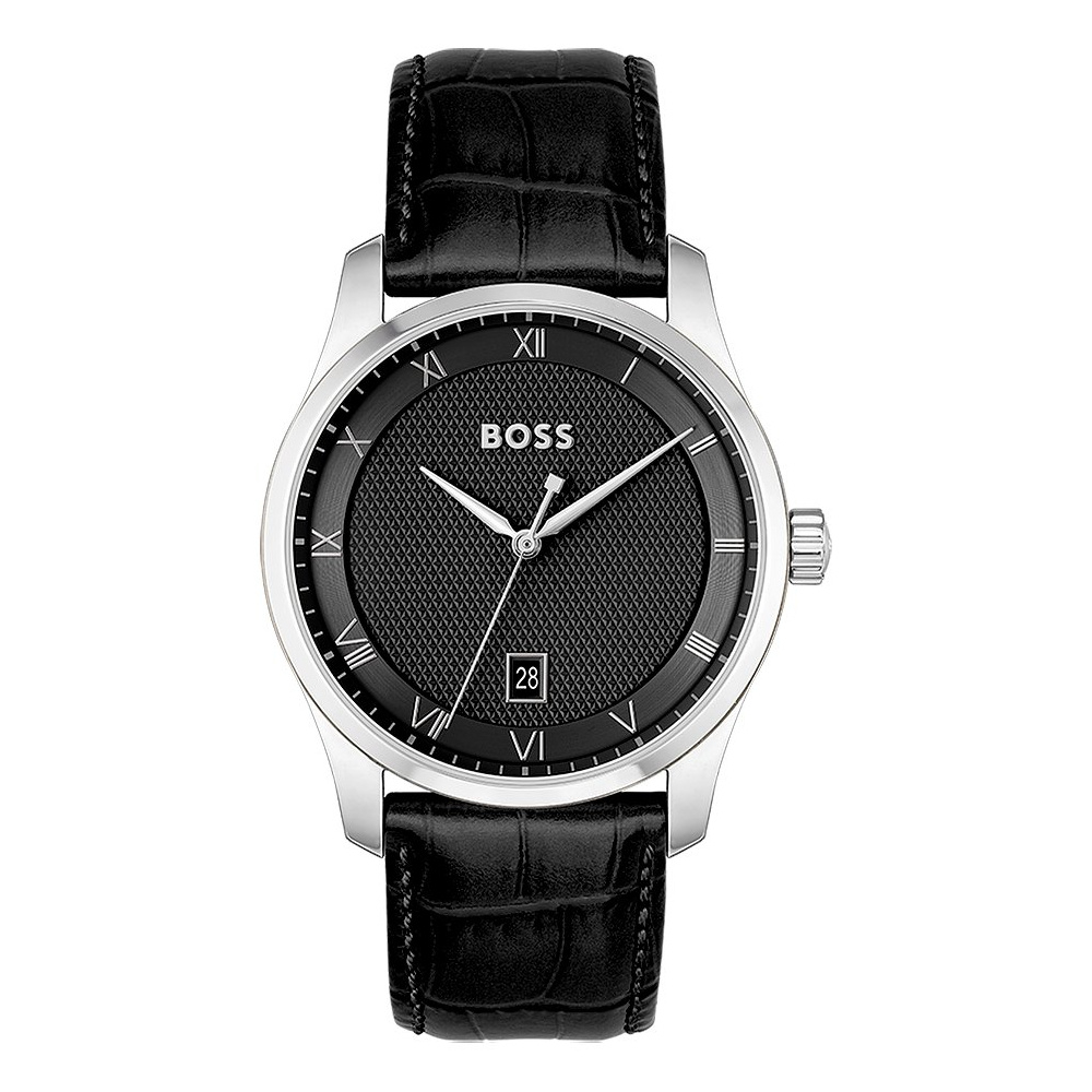 Boss Herren Armbanduhr schwarz 1514122, Lederband, 41mm, römische Zahlen