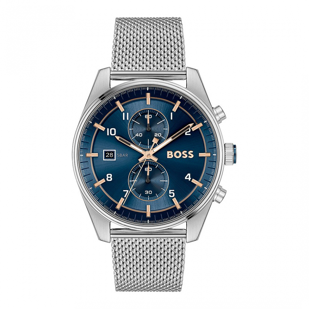 Boss Herren Armbanduhr Skytraveller Chronograph 1514149 Edelstahl Milanaise