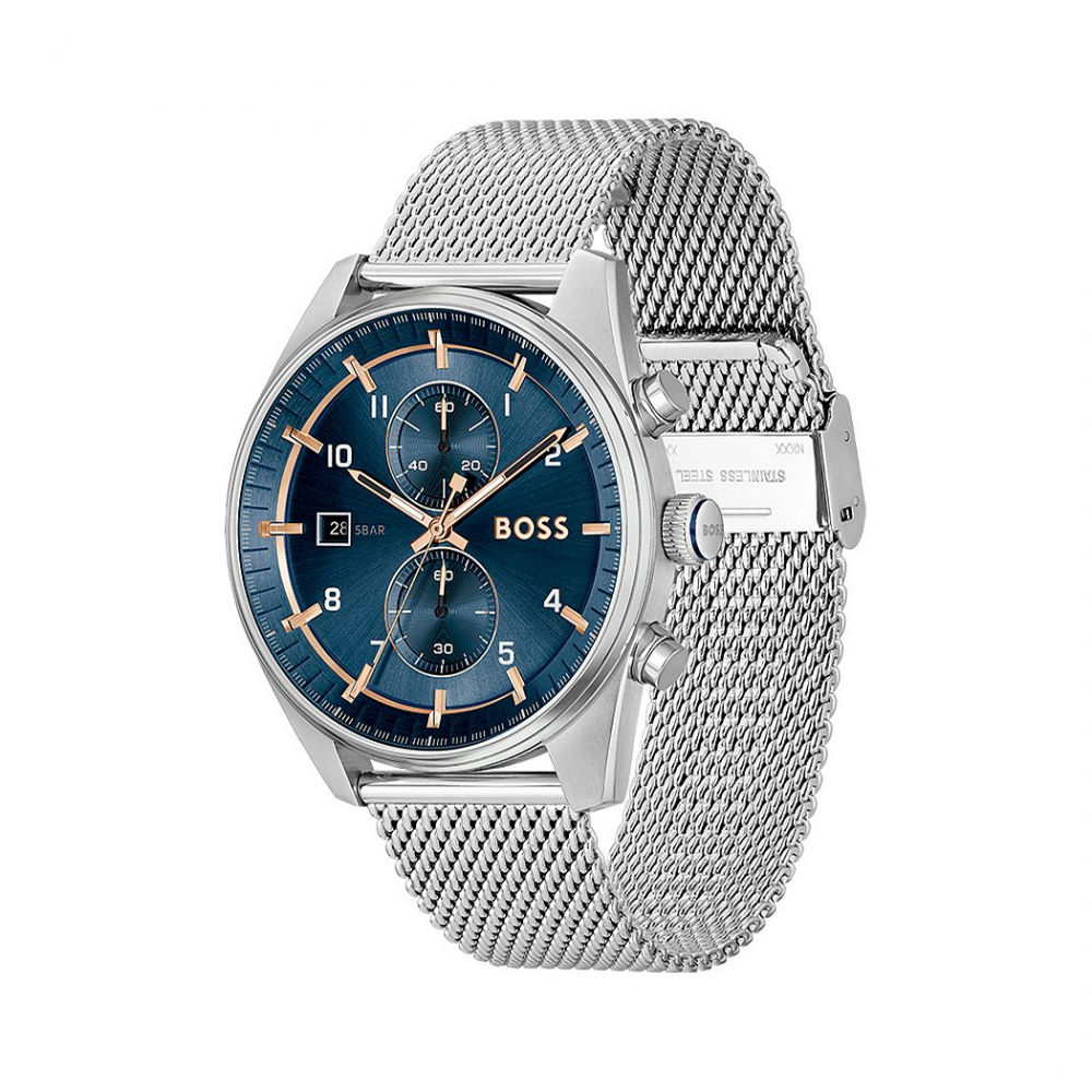Boss Herren Armbanduhr Skytraveller Chronograph 1514149 Edelstahl Milanaise