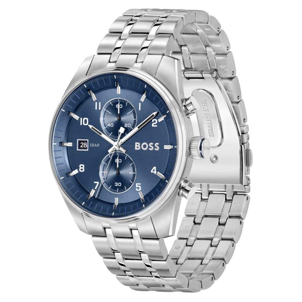 Boss Herren Armbanduhr Skytraveller Chronograph 1514216 Edelstahl, blau, 44mm