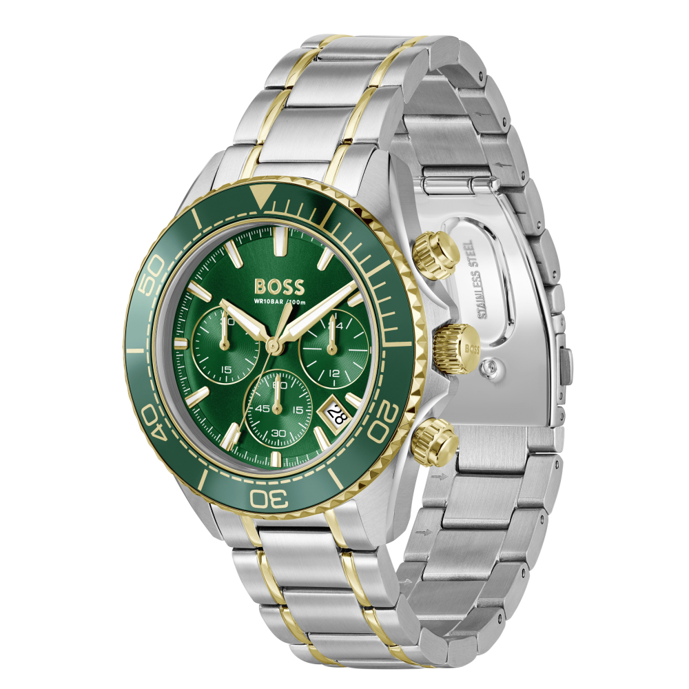 Boss Herren Armbanduhr 1514325 Chronograph Edelstahl bicolor, Grün, 44mm