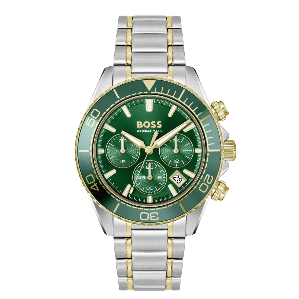 Boss Herren Armbanduhr 1514325 Chronograph Edelstahl bicolor, Grün, 44mm