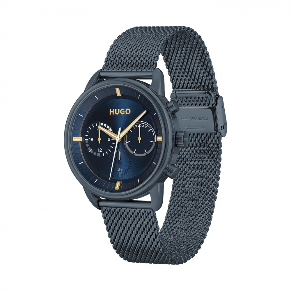 HUGO Herren Armbanduhr 1530237 Multifunktion 24h-Anzeige, Edelstahl Blau