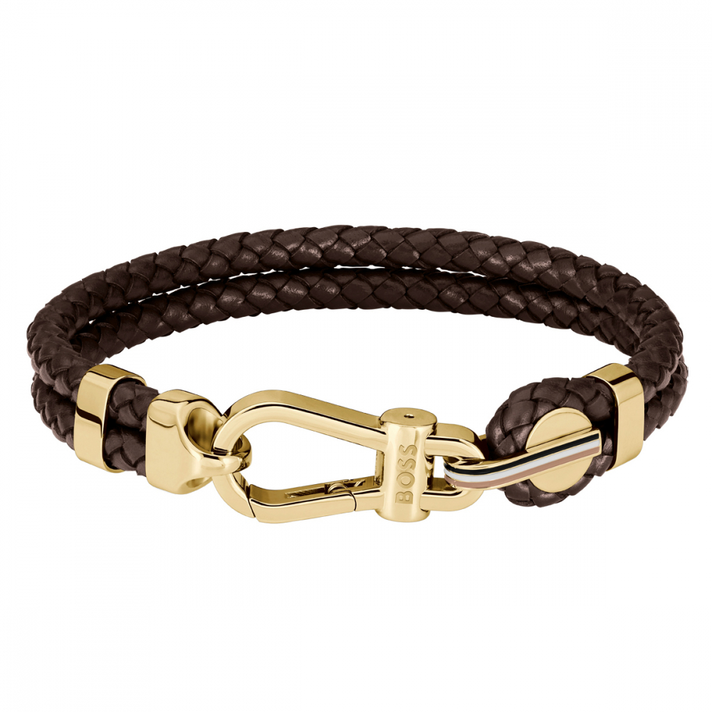 BOSS Herren Armband 1580700M braunes Lederband Edelstahl Goldfarben 21cm