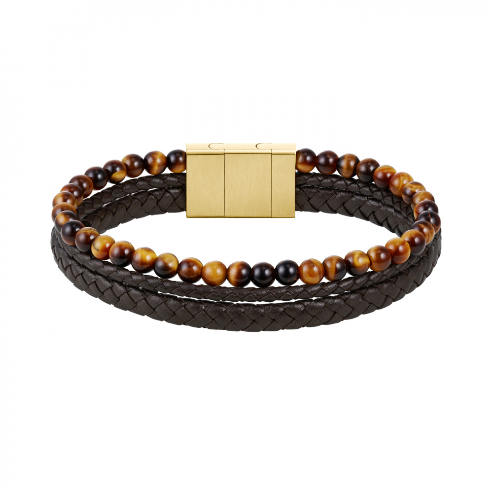 BOSS Herren Armband 1580787 schwarzes Lederband Edelstahl Goldfarben 20cm