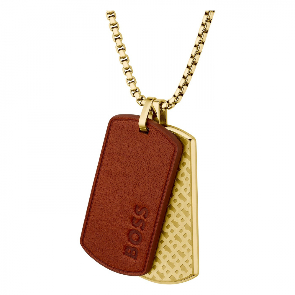 BOSS 1580835 Herren Kette mit Edelstahl-Leder braun-goldfarben Anhänger 61cm