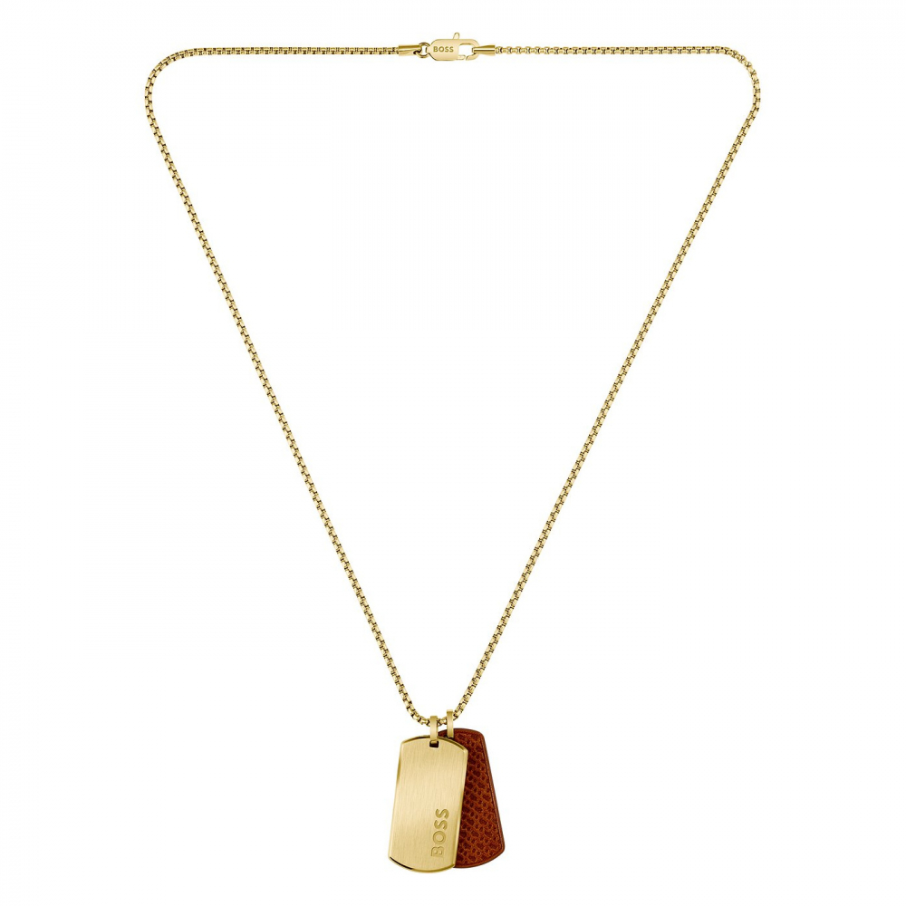 BOSS 1580835 Herren Kette mit Edelstahl-Leder braun-goldfarben Anhänger 61cm