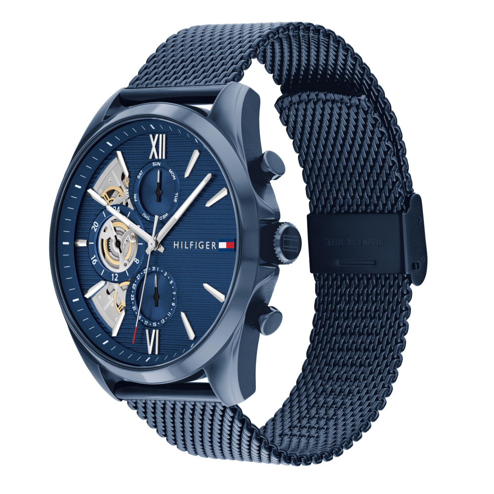 Tommy Hilfiger Herren Armbanduhr 1710648 Multifunktion Day-Date Milanaise blau