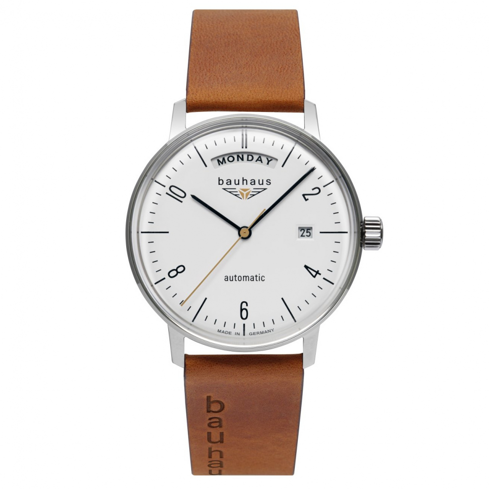 bauhaus 2070-1 Herren Armbanduhr, Automatik, Lederband, Day-Date, Glasboden
