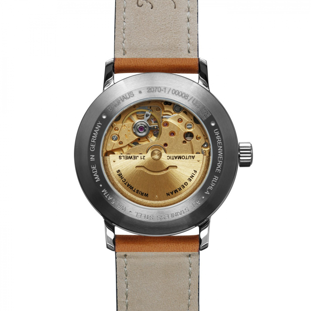 bauhaus 2070-1 Herren Armbanduhr, Automatik, Lederband, Day-Date, Glasboden
