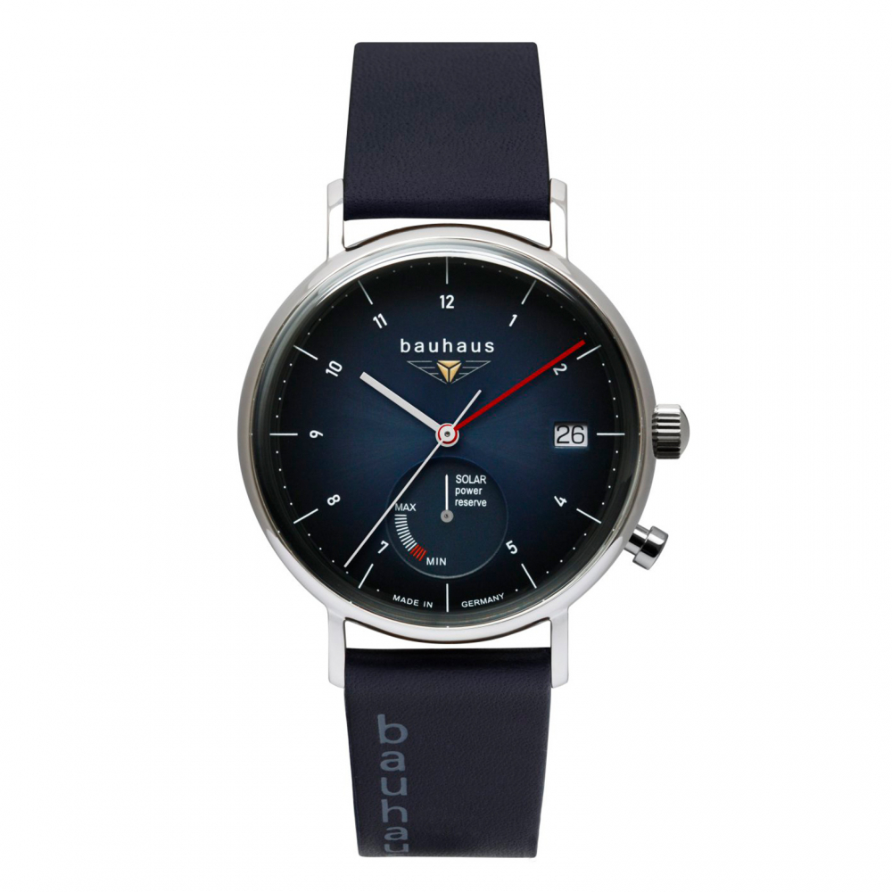 Bauhaus 2112-3 Herrenuhr Solar mit Lederarmband, Akkustandanzeige, 41mm