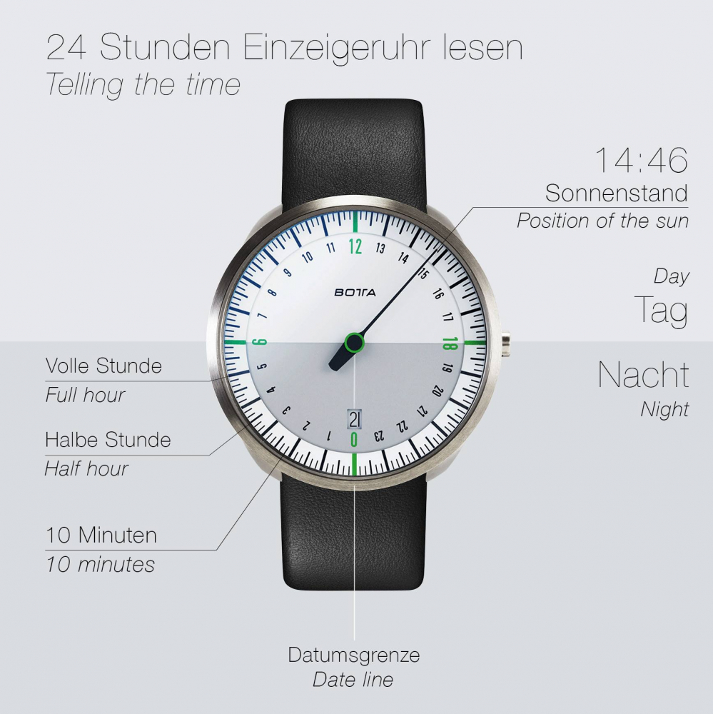Botta UNO 24 Quarz 45mm Armbanduhr Titan Einzeigeruhr, 623010 24h-Anzeige Lederband