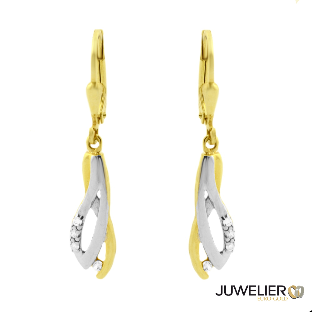 Gold Ohrringe, Ohrhänger 333er Gold bicolor (gelb-weiß) mit Steinchen