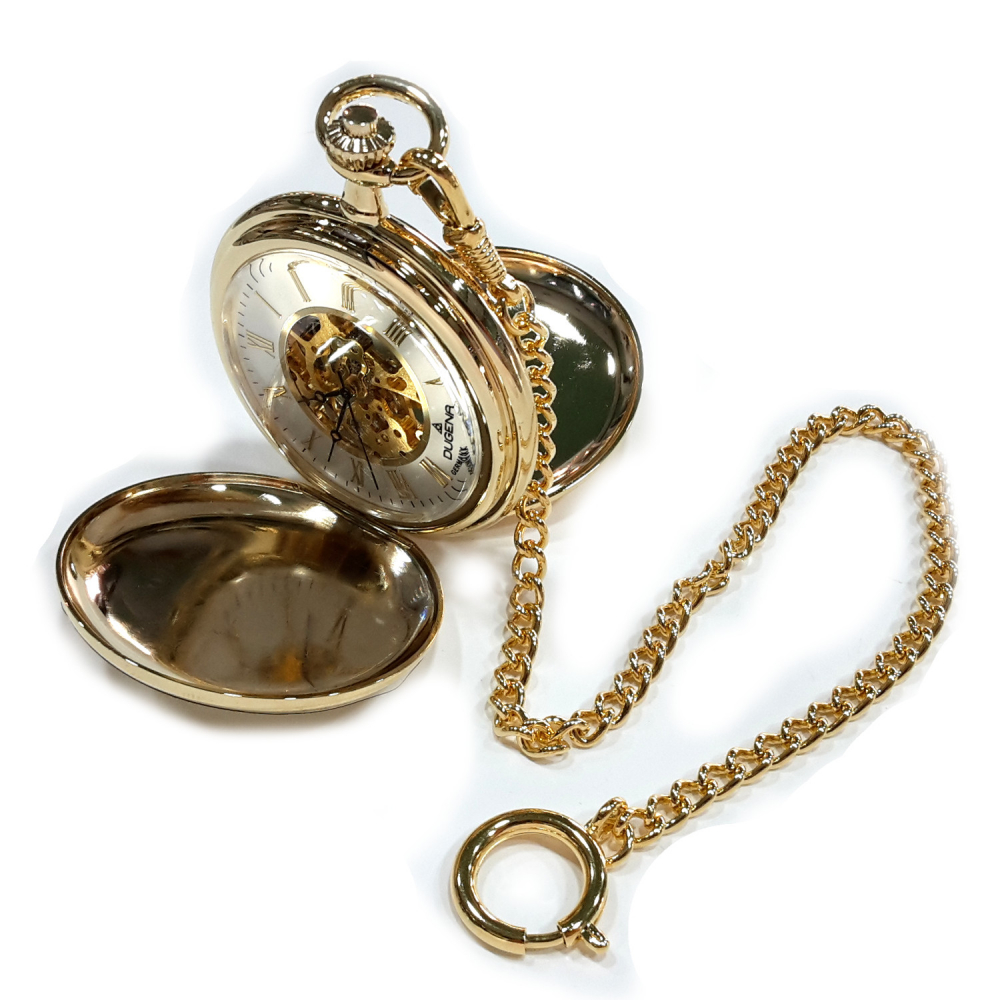 Dugena 4460307 Taschenuhr Handaufzug skelettiert mit Kette Goldfarben
