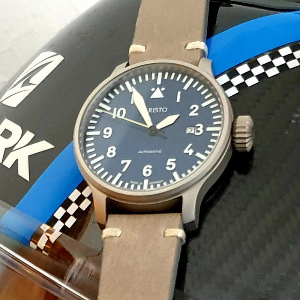 ARISTO Herren Armbanduhr 3H209 Blaue 42 Beo Automatic Fliegeruhr mit Datum Lederband