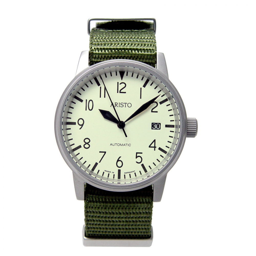 ARISTO 3H41 Jäger 90 Automatic Fliegeruhr Leuchtzifferblatt Textilband olivgrün 10ATM