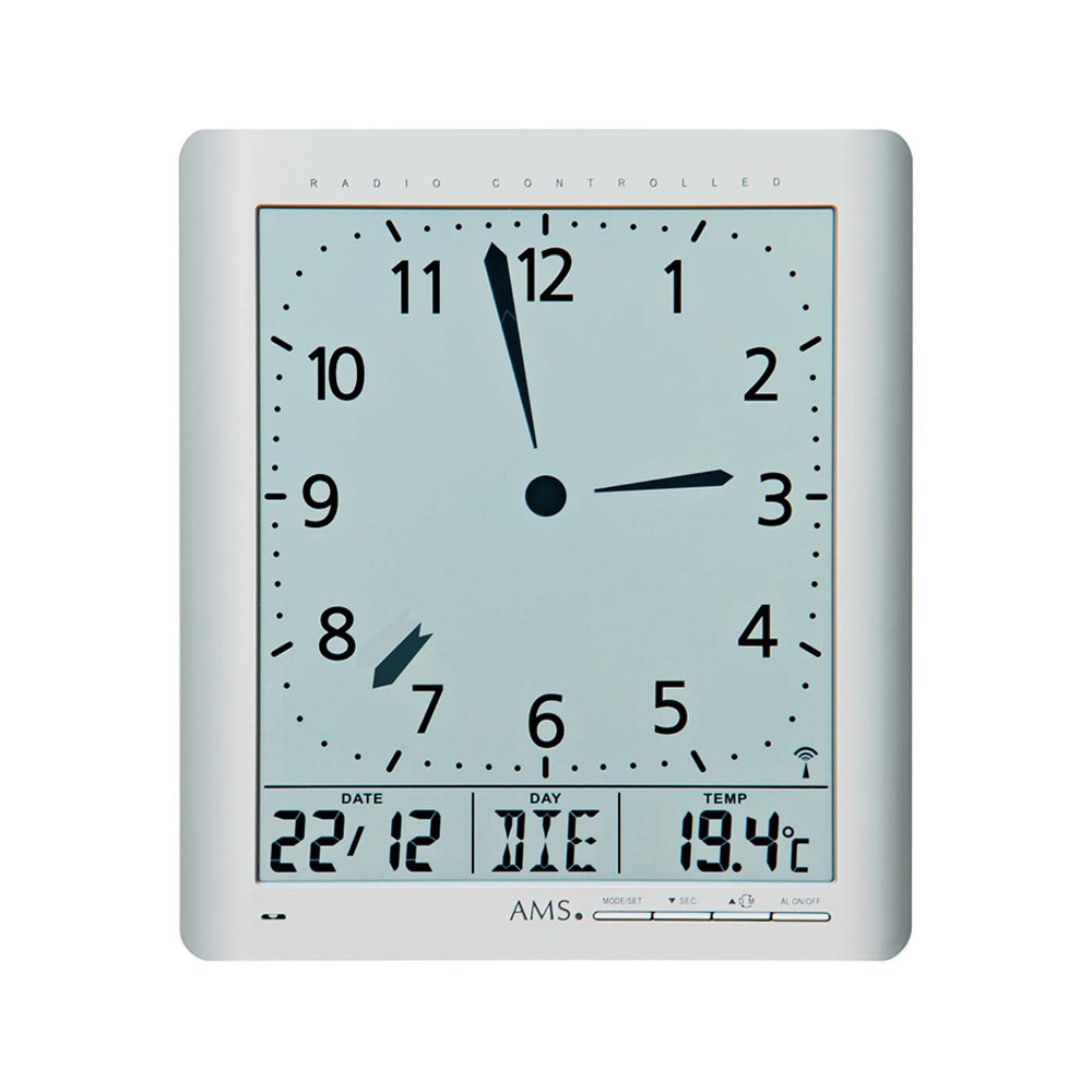 AMS Funkuhr, Wand/Tischuhr 01-5898, Datum, Wochentag, Temperatur