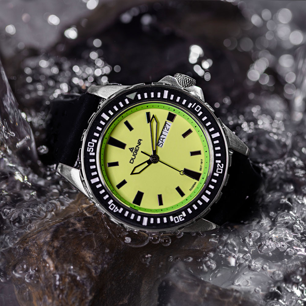 DUGENA 4460679 Herren Taucheruhr Divers Friend Neongrün 4460679 20 ATM Day-Date