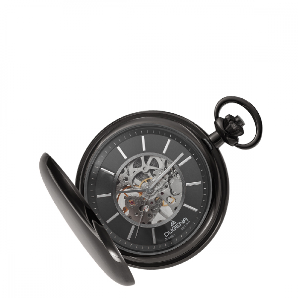 Dugena 4460978 Savonette Taschenuhr Handaufzug Glasboden skelettiert mit Kette