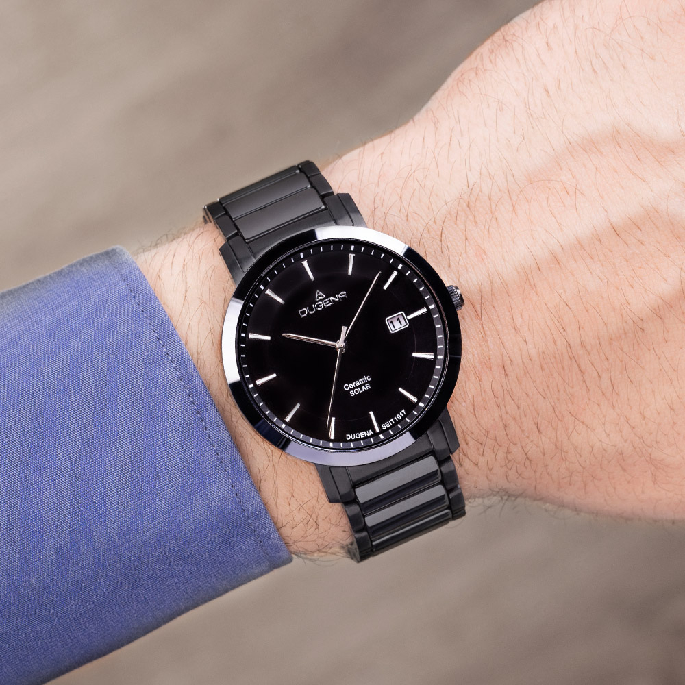 DUGENA Herren Uhr Edelstahl-Ceramic Solar 4461006 Datum schwarz
