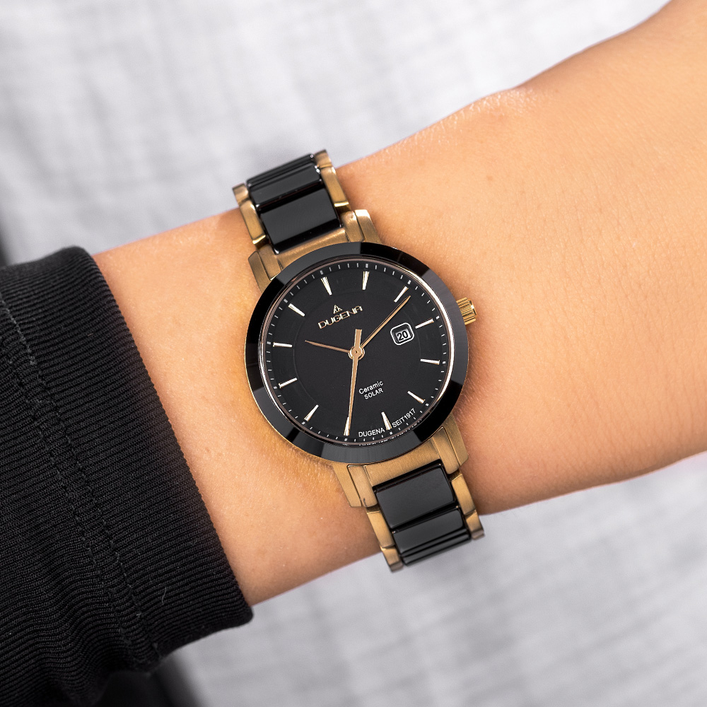 DUGENA Damen Uhr Edelstahl-Ceramic Solar 4461008 Datum bicolor