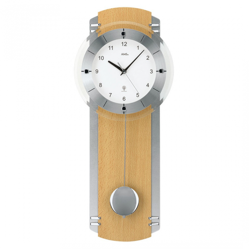 AMS Funkuhr mit Pendelwerk, Wanduhr 5245-18 Buche