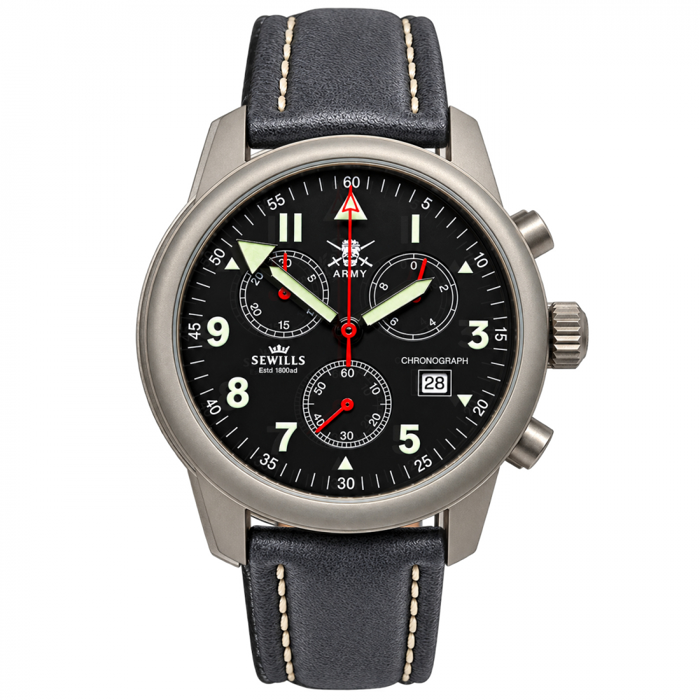SEWILLS Armbanduhr Chrono Army-Watch ETA-Werk 251.272 Edelstahl, XL-Lederband