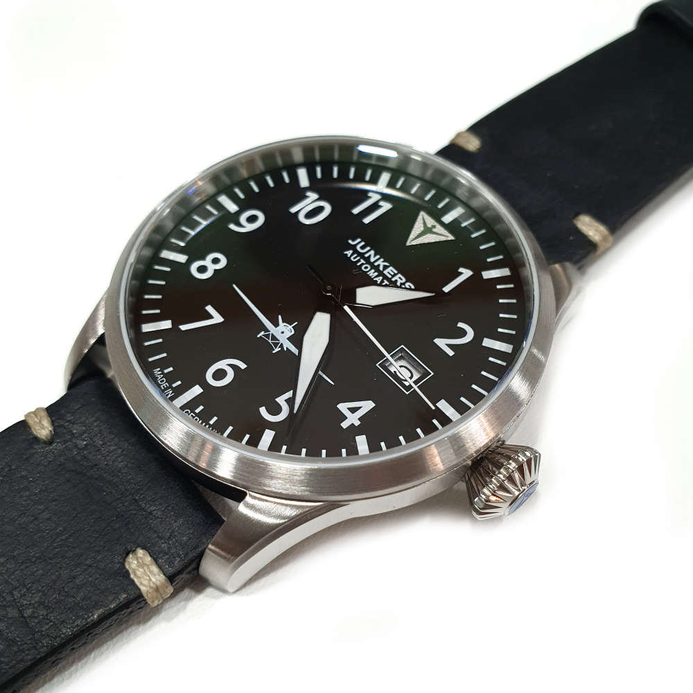 Junkers Herren Armbanduhr 9.58.01.02 Flieger Automatik 42mm Leder, Saphirglas