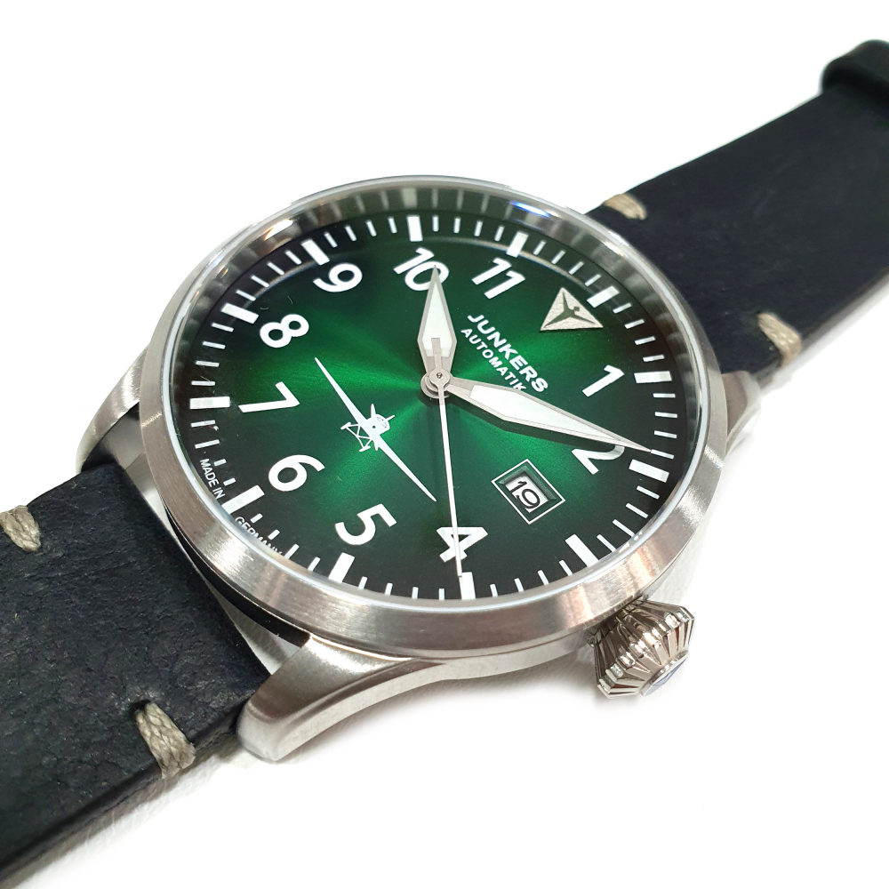 Junkers Piloten Automatik Herren Armbanduhr 9.58.01.06 Flieger 42mm Leder, Saphirglas