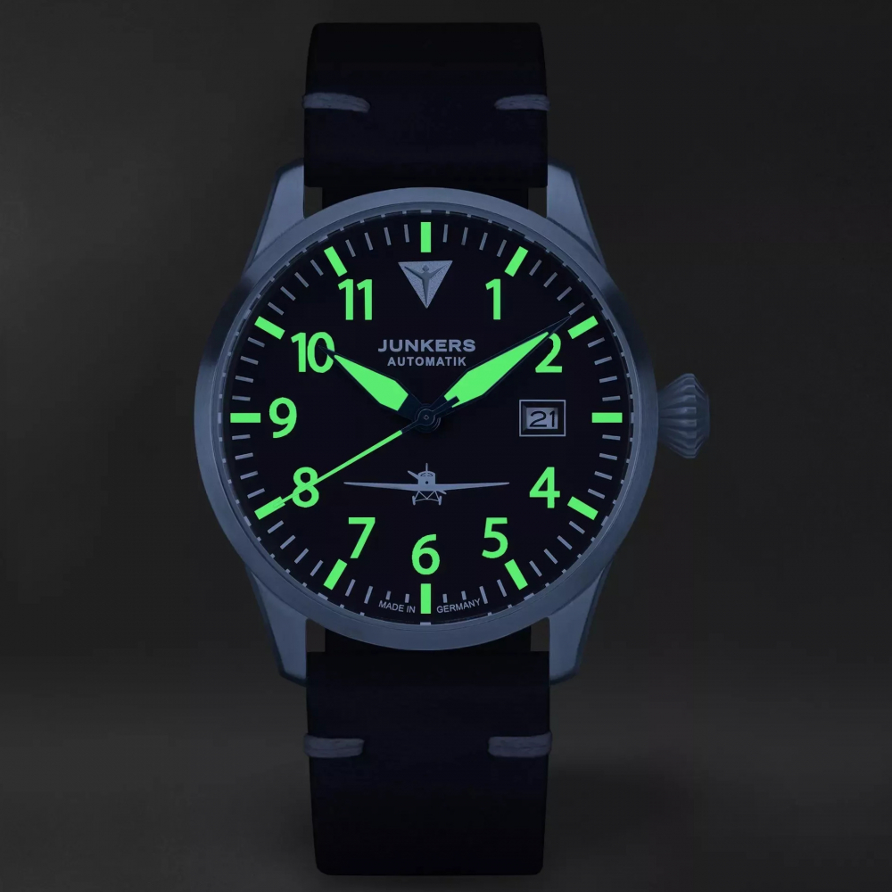 Junkers Piloten Automatik Herren Armbanduhr 9.58.01.06 Flieger 42mm Leder, Saphirglas