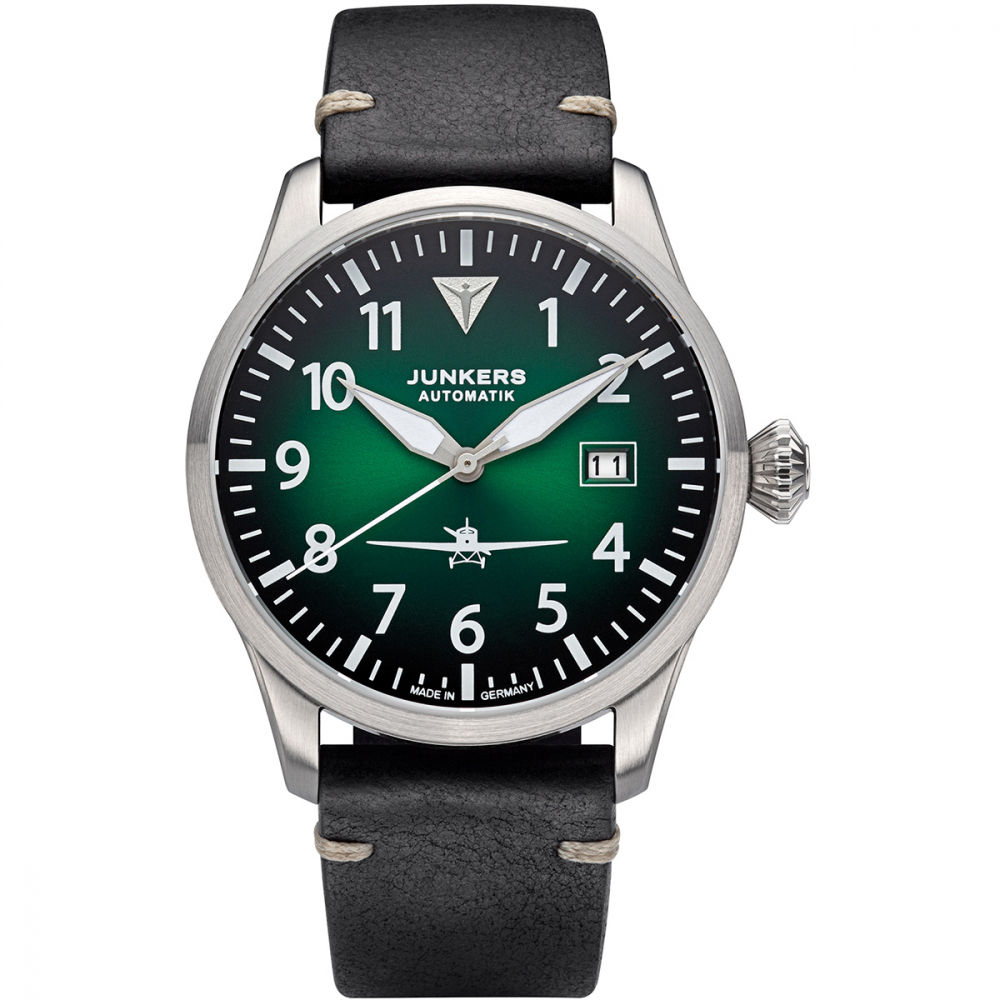 Junkers Piloten Automatik Herren Armbanduhr 9.58.01.06 Flieger 42mm Leder, Saphirglas