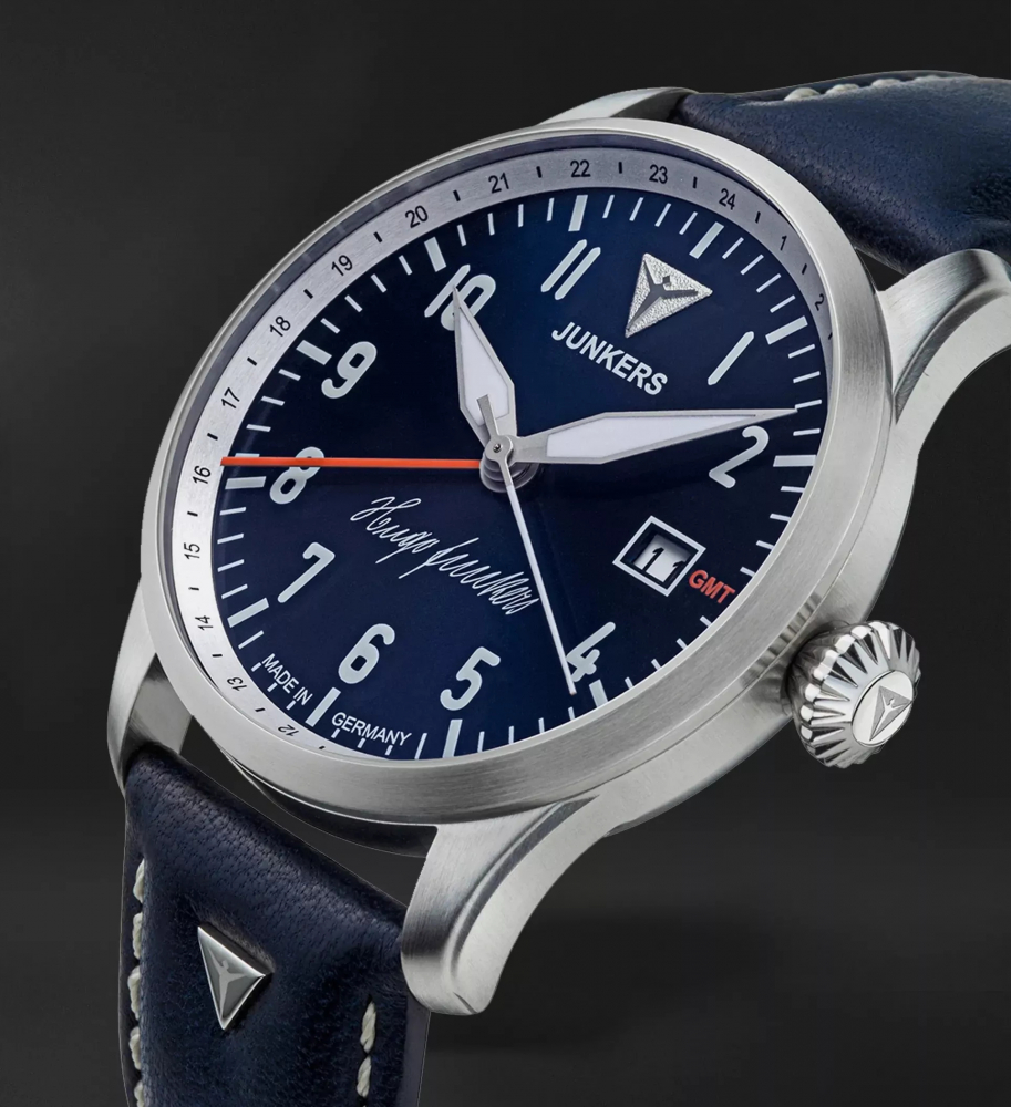 Hugo Junkers GMT Automatik Armbanduhr 9.58.04.01 Flieger 42mm Leder, Saphirglas