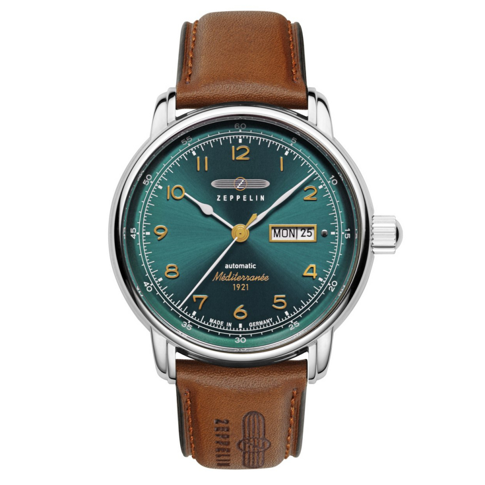 Zeppelin Herrenuhr 9664-4 Méditerranée Automatik mit Day Date und Lederarmband, Grün