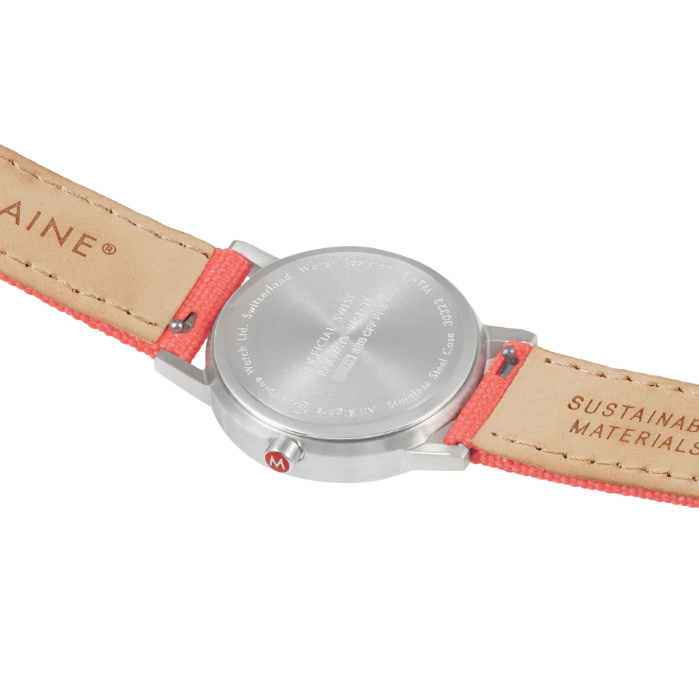 MONDAINE Damen Armbanduhr Classic 30mm, korall-rote Textiluhr, A658.30323.17SBP