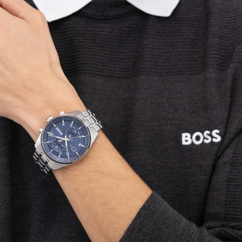 Boss Herren Armbanduhr Skytraveller Chronograph 1514216 Edelstahl, blau, 44mm