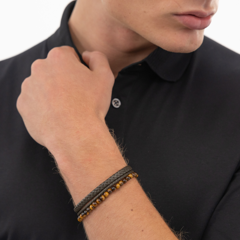 BOSS Herren Armband 1580787 schwarzes Lederband Edelstahl Goldfarben 20cm