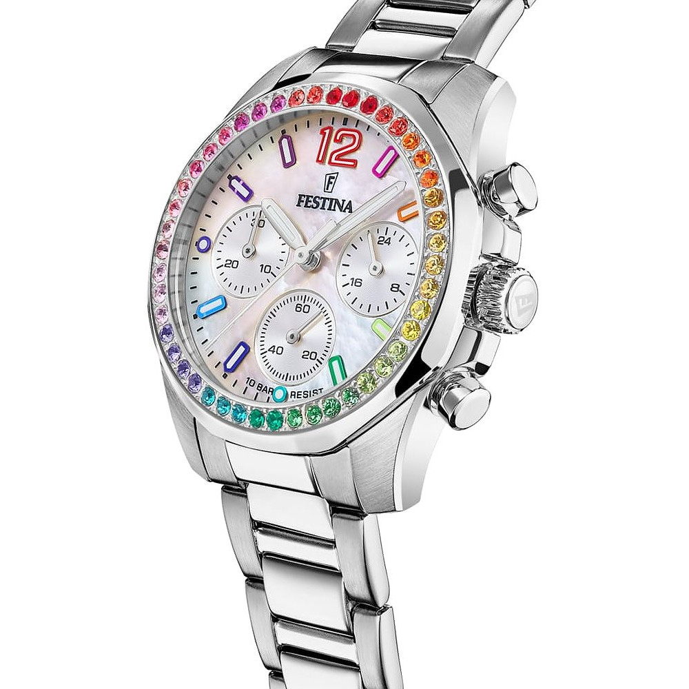 FESTINA Damen Uhr Chrono F20606-2 Edelstahl Perlmuttzifferblatt Rainbow