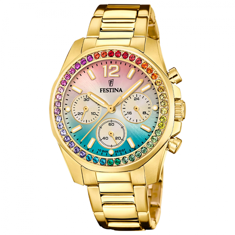 FESTINA Damen Uhr Chrono F20609-5 Edelstahl goldfarben Rainbow