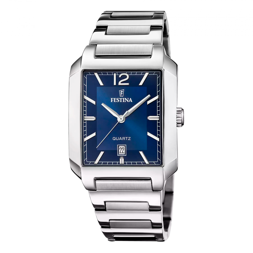 Festina Herren Armbanduhr F20677-3 Edelstahl, Rechteckig, Blau, römische Zahlen