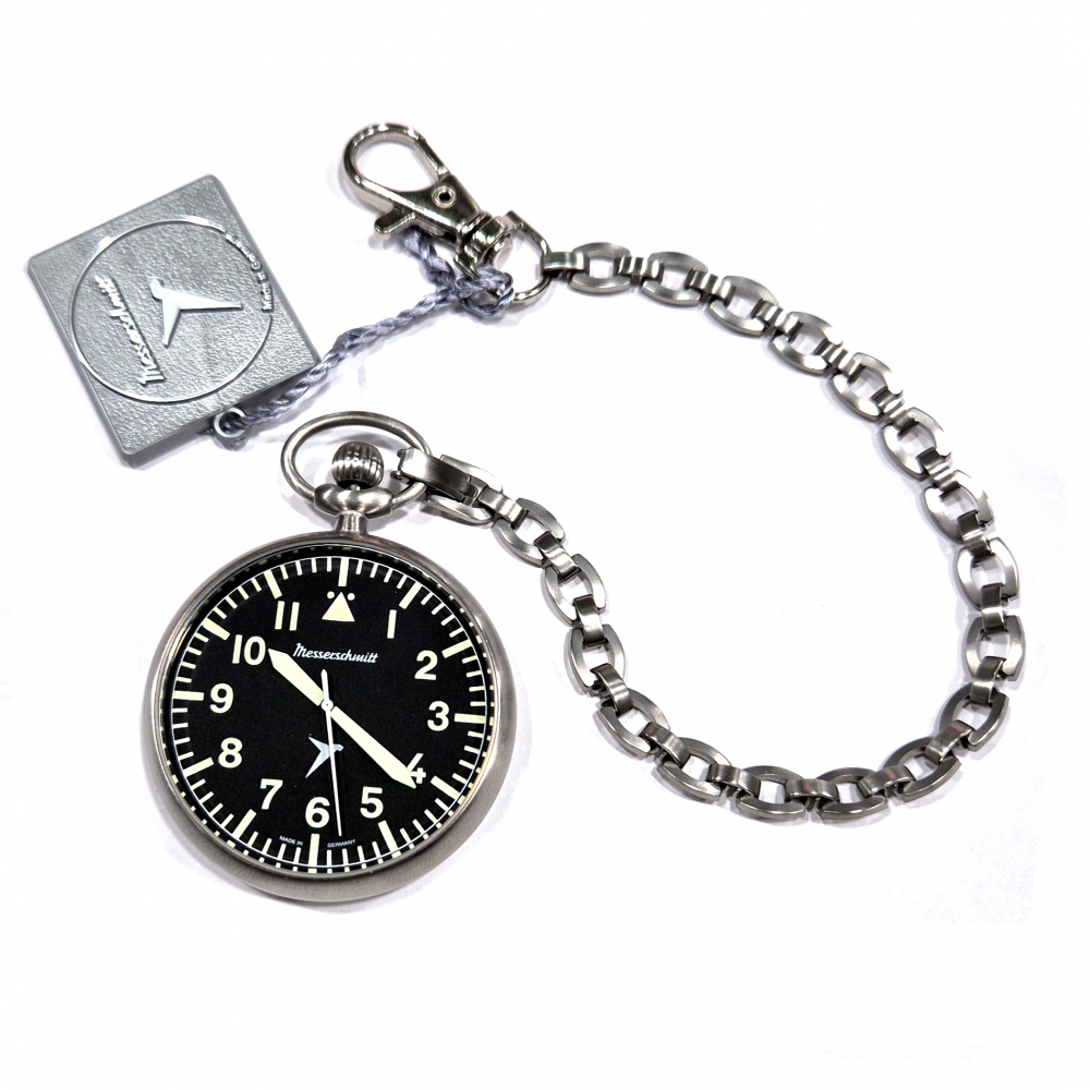 Messerschmitt ME-TAU-2 Taschenuhr mit Kette, Ronda-Werk, Leuchtziffern- und Zeiger