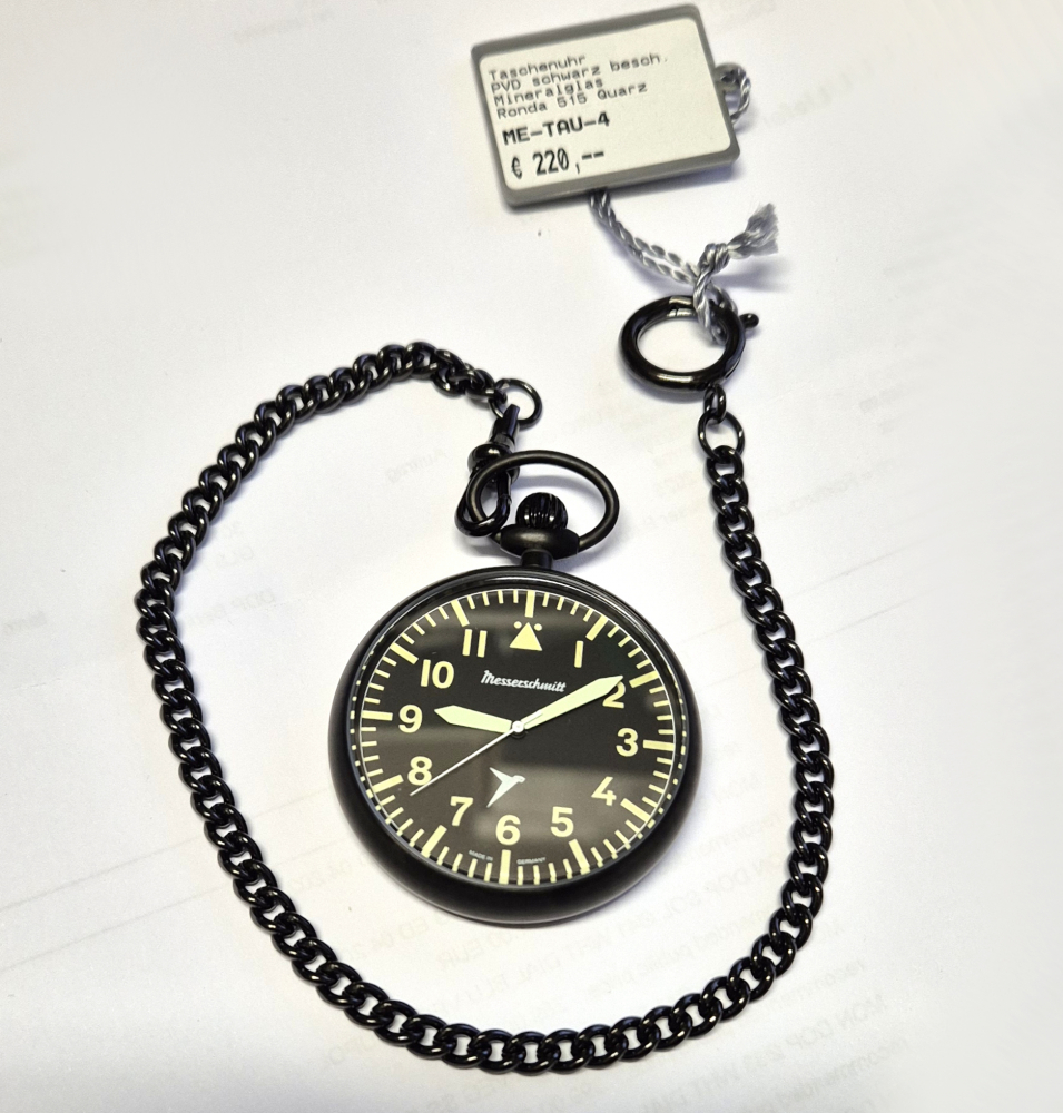 Messerschmitt ME-TAU-4 Taschenuhr mit Kette, Ronda-Werk, PVD schwarz, 47mm