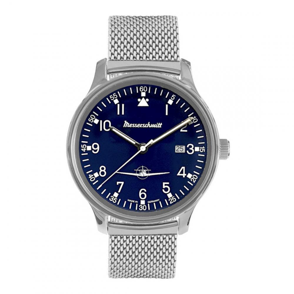 Messerschmitt Herren Armbanduhr ME42-108M Milanaiseband Fliegeruhr blau