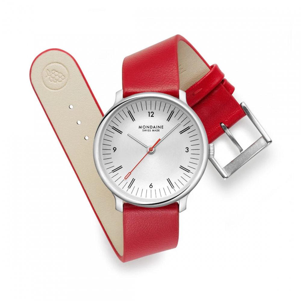 MONDAINE Armbanduhr MLE.33110.LCV Doppio Saphirglas, 33mm, Veganes Traubenleder