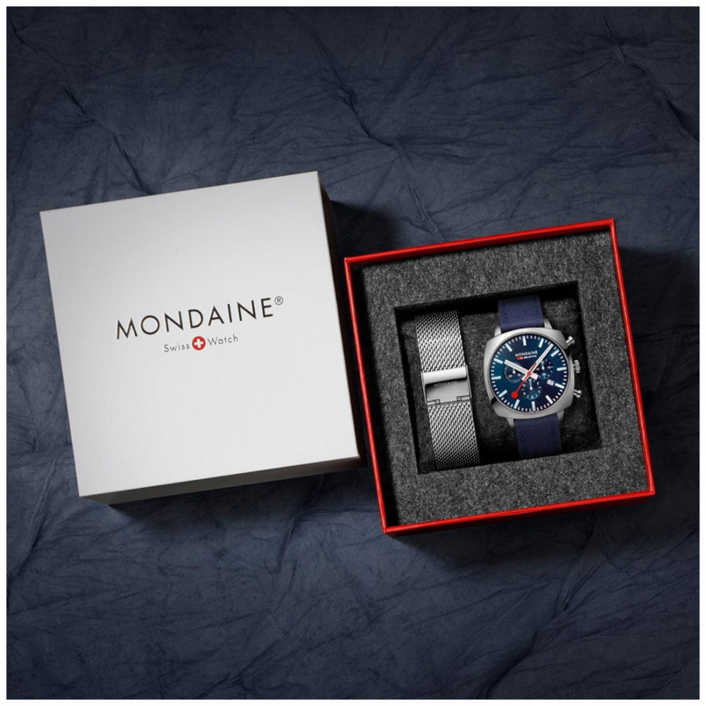 Mondaine Herren Armbanduhr Squar Chrono Blau MSL.41440.LD.SET Saphirglas, Wechselband