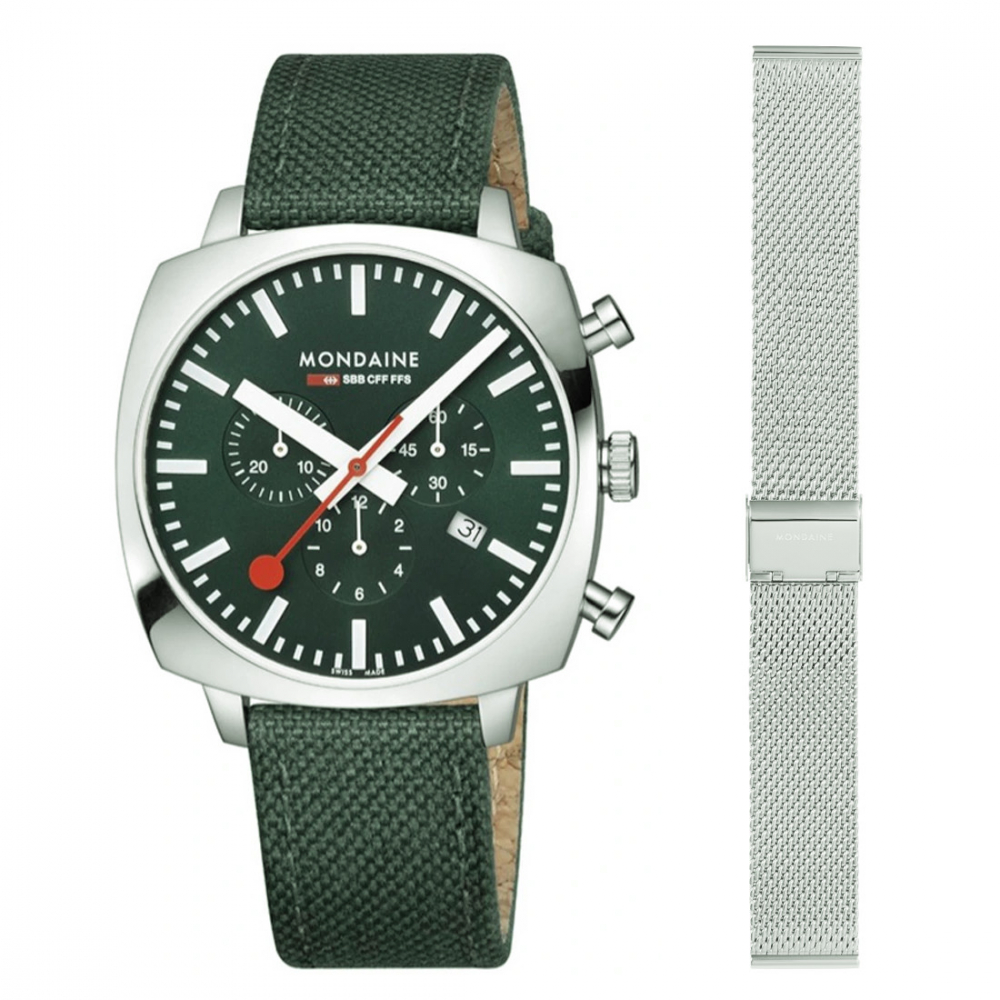 Mondaine Herren Armbanduhr Squar Chrono Grün MSL.41460.LF.SET Saphirglas, Wechselband