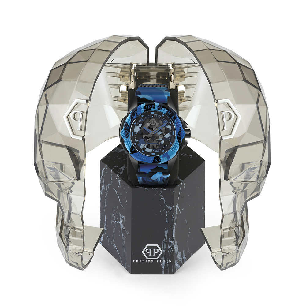 Philipp Plein Herren Armbanduhr PWAAA1021 The Skull Goldfaben Blau Camouflage