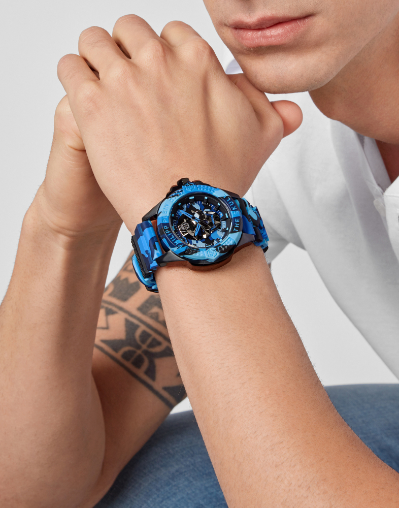 Philipp Plein Herren Armbanduhr PWAAA1021 The Skull Goldfaben Blau Camouflage