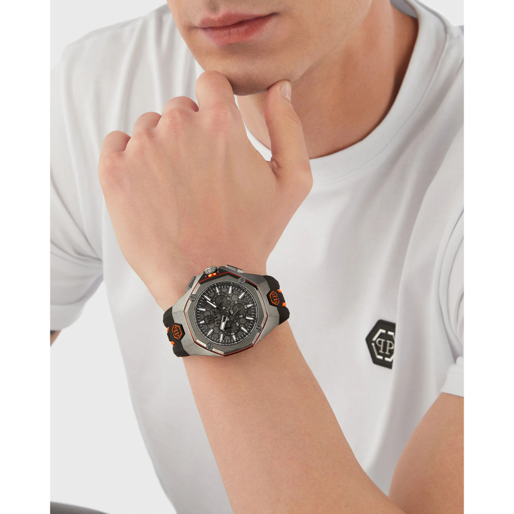 Philipp Plein Herren Armbanduhr PWTBA0523 OCTAGON Chrono Silikon schwarz-orange