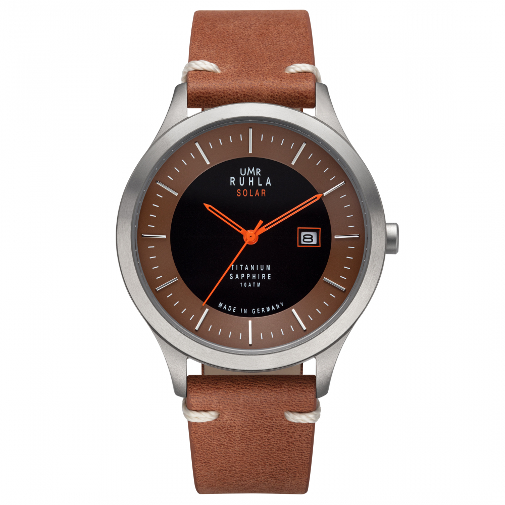 UMR Ruhla Solar Herren Armbanduhr Titan 95951 Datum Lederband Saphirglas