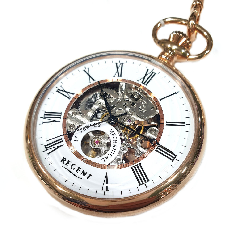 Regent 1041742 Taschenuhr Handaufzug skelettiert mit Kette Roségoldfarben